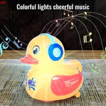 Colorful duck-shaped toy with lights and music notes on a textured surface