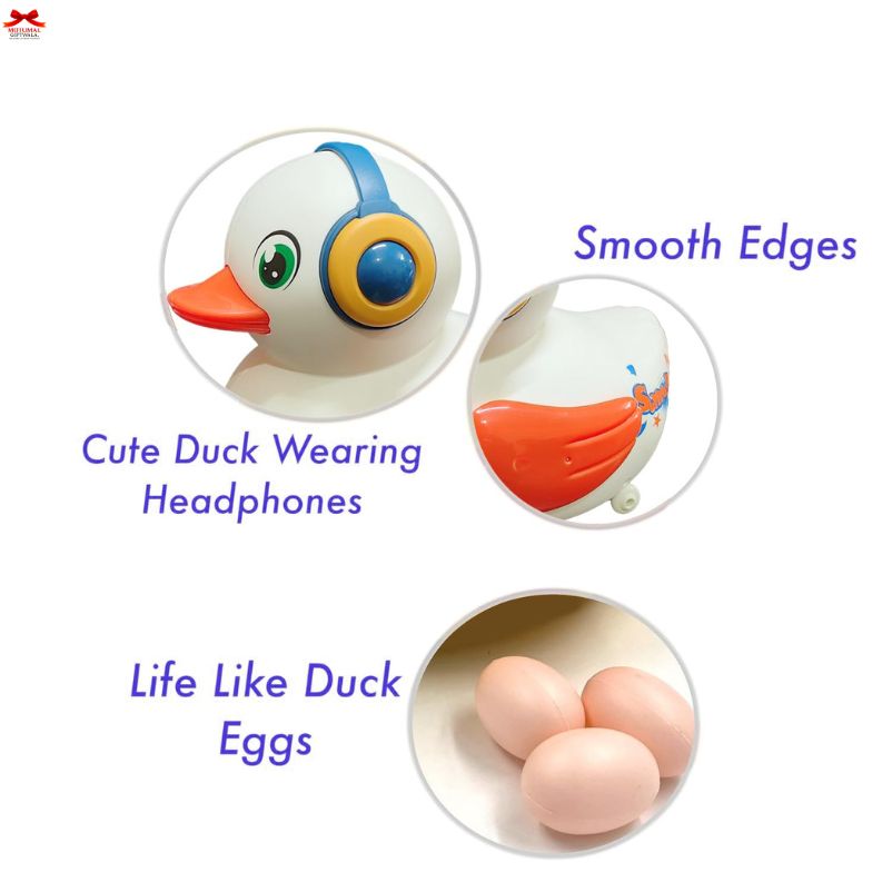 Product features including a duck wearing headphones, smooth edges, and life-like duck eggs on a white background.