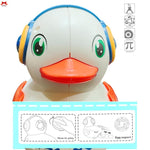 Toy duck with headphones on a white background