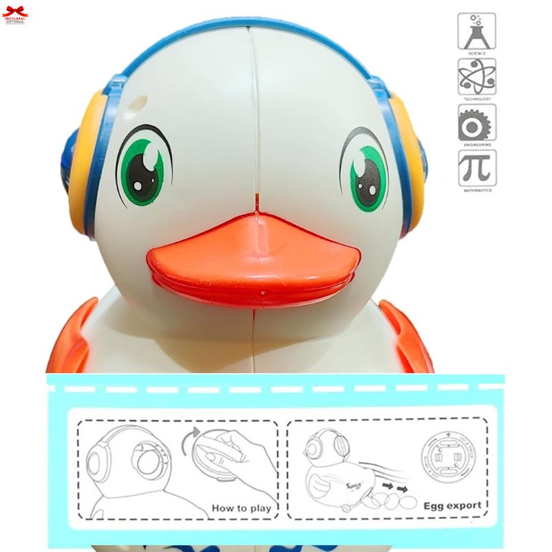 Toy duck with headphones on a white background