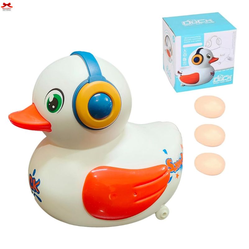 Colorful duck-shaped toy with headphones and packaging on a white background