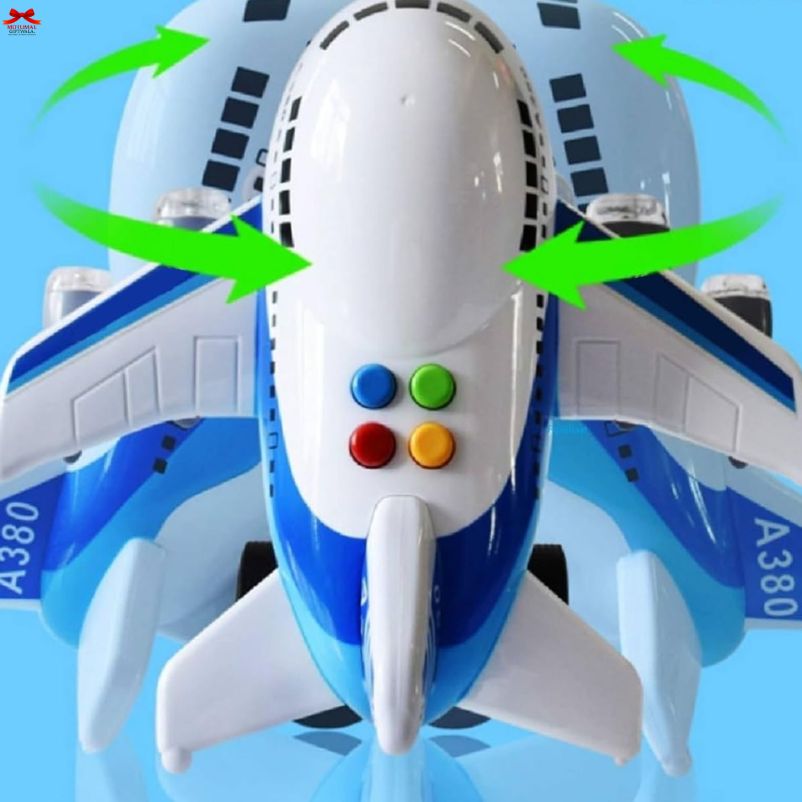 Toy airplane with control buttons on a blue background