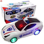 Toy police car with lights and sounds next to its packaging box on a white background