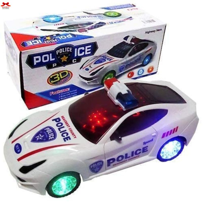 Toy police car with lights and sounds next to its packaging box on a white background