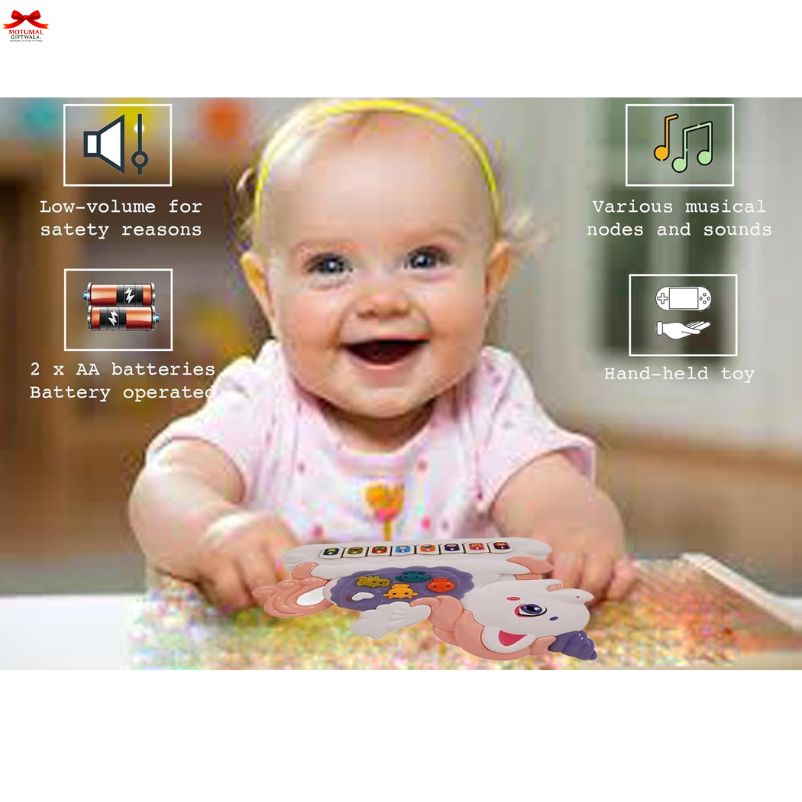 Baby playing with a colorful toy, surrounded by text about the toy's features.
