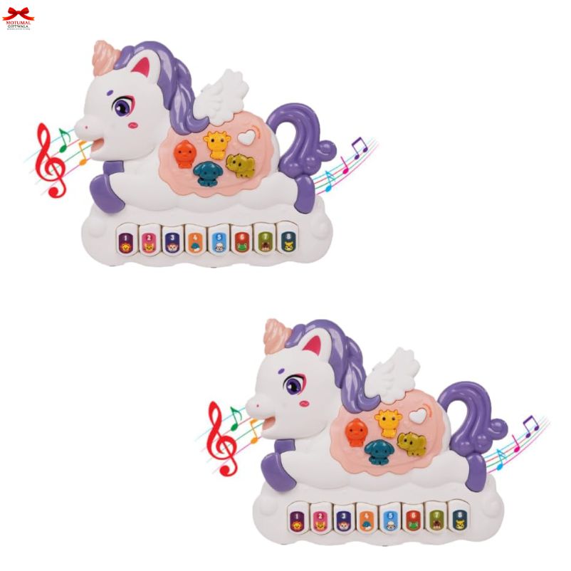 Two toy unicorns with musical instruments on a white background