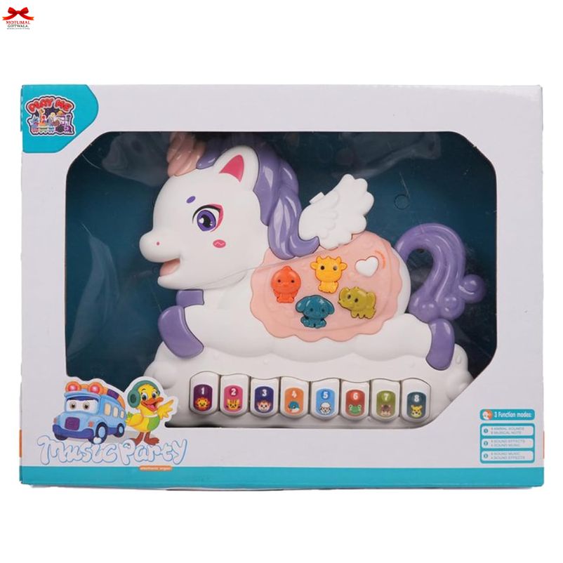 Toy packaging with a colorful unicorn-like character on a white background