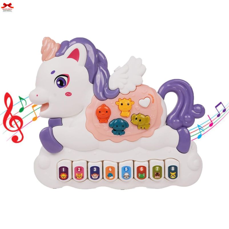 Children's toy piano with unicorn design on a white background