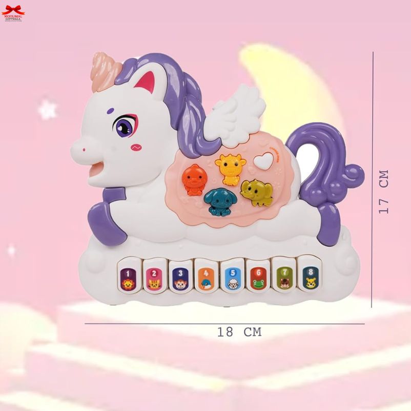Unicorn-shaped toy with colorful buttons on a pink background