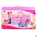 Toy house set packaging with a girl and house illustration on a white background
