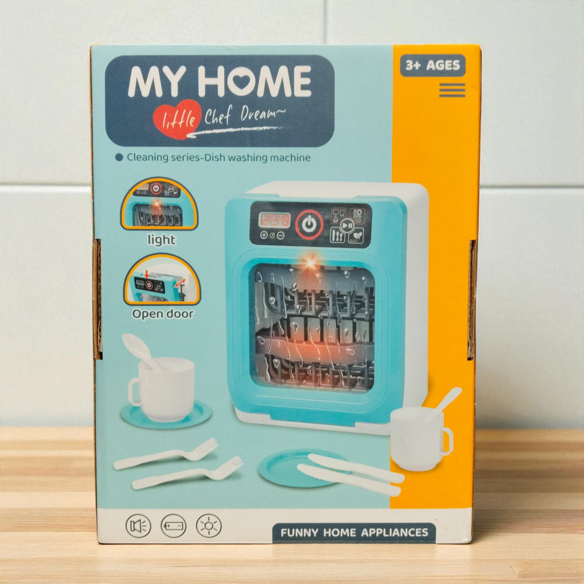 Back packaging of My Home Little Chef Dream Dish Washing Machine toy showing product features and accessories.