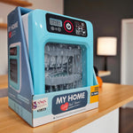 Angled front view of My Home toy dishwashing machine with realistic water spray design.