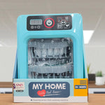 Front box view of My Home Little Chef Dream toy dishwasher with blue body and included utensils.