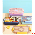 Set of colorful bento boxes with food compartments on a light blue background
