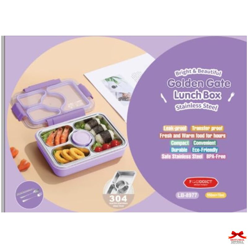 Purple lunch box with compartments on a purple background