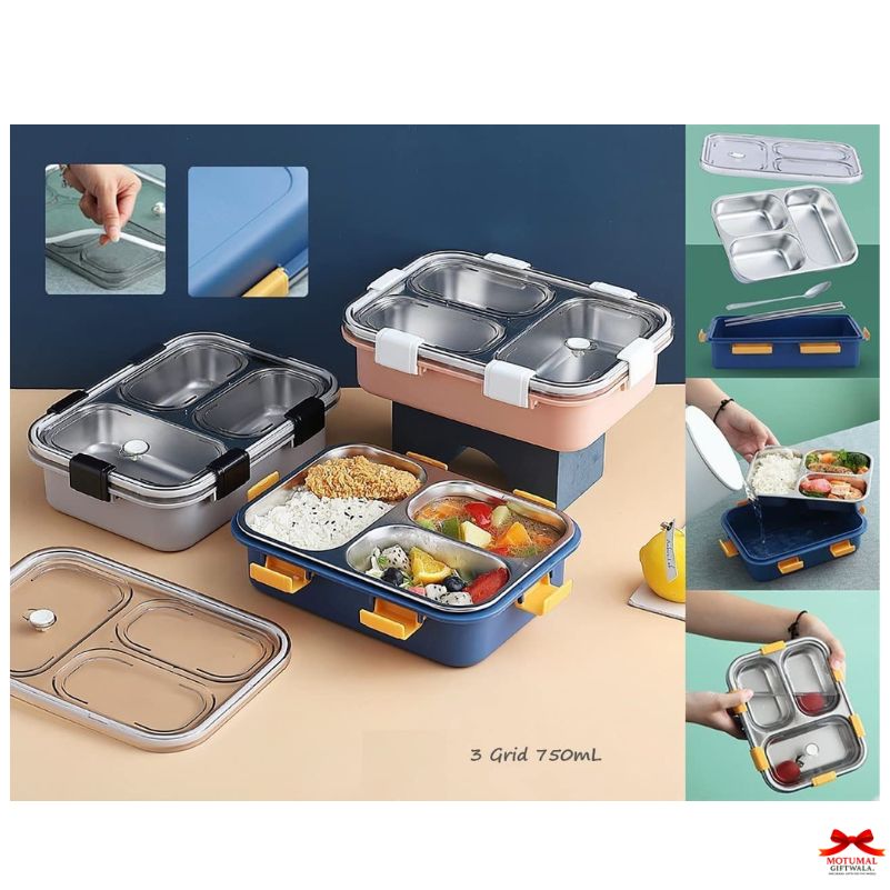 Multicolored bento box with compartments on a beige surface, surrounded by close-up shots and product images.