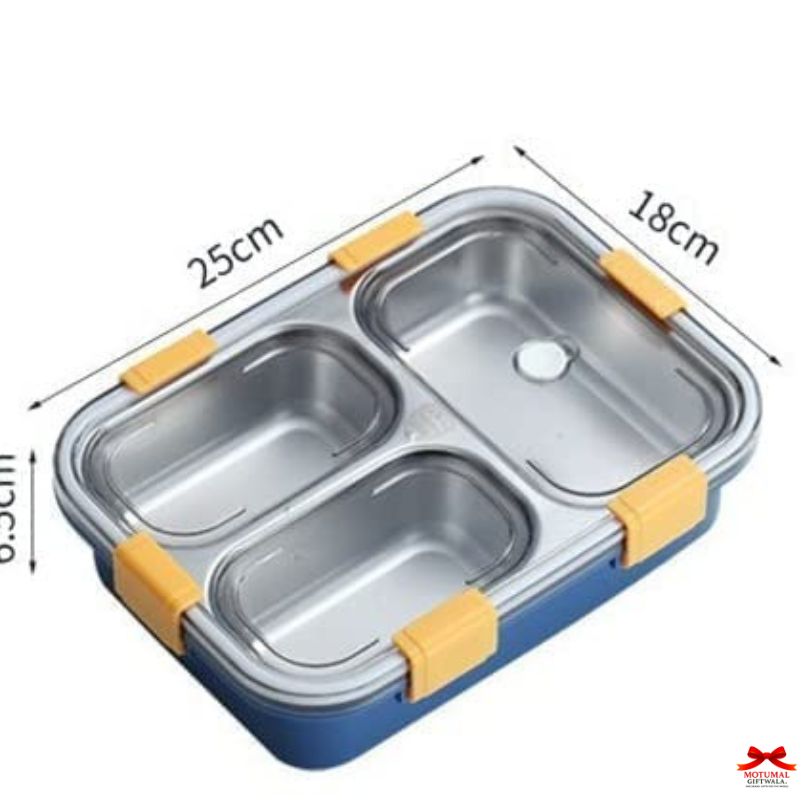 Stainless steel bento box with compartments and blue base, shown with dimensions on a white background.
