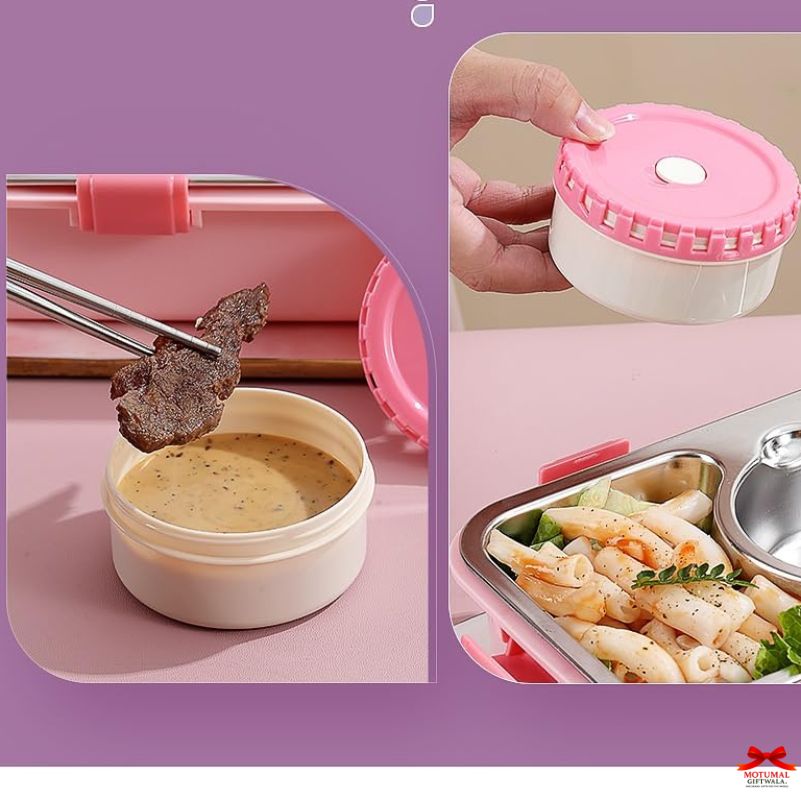 Pink and white food container with condiment, skewer, and pasta dish on a pink background