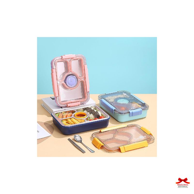 Set of bento boxes with compartments on a light blue and beige background