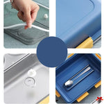 Collage of a hand applying a white substance to a blue container, close-up of the container, and a spoon inside the container.