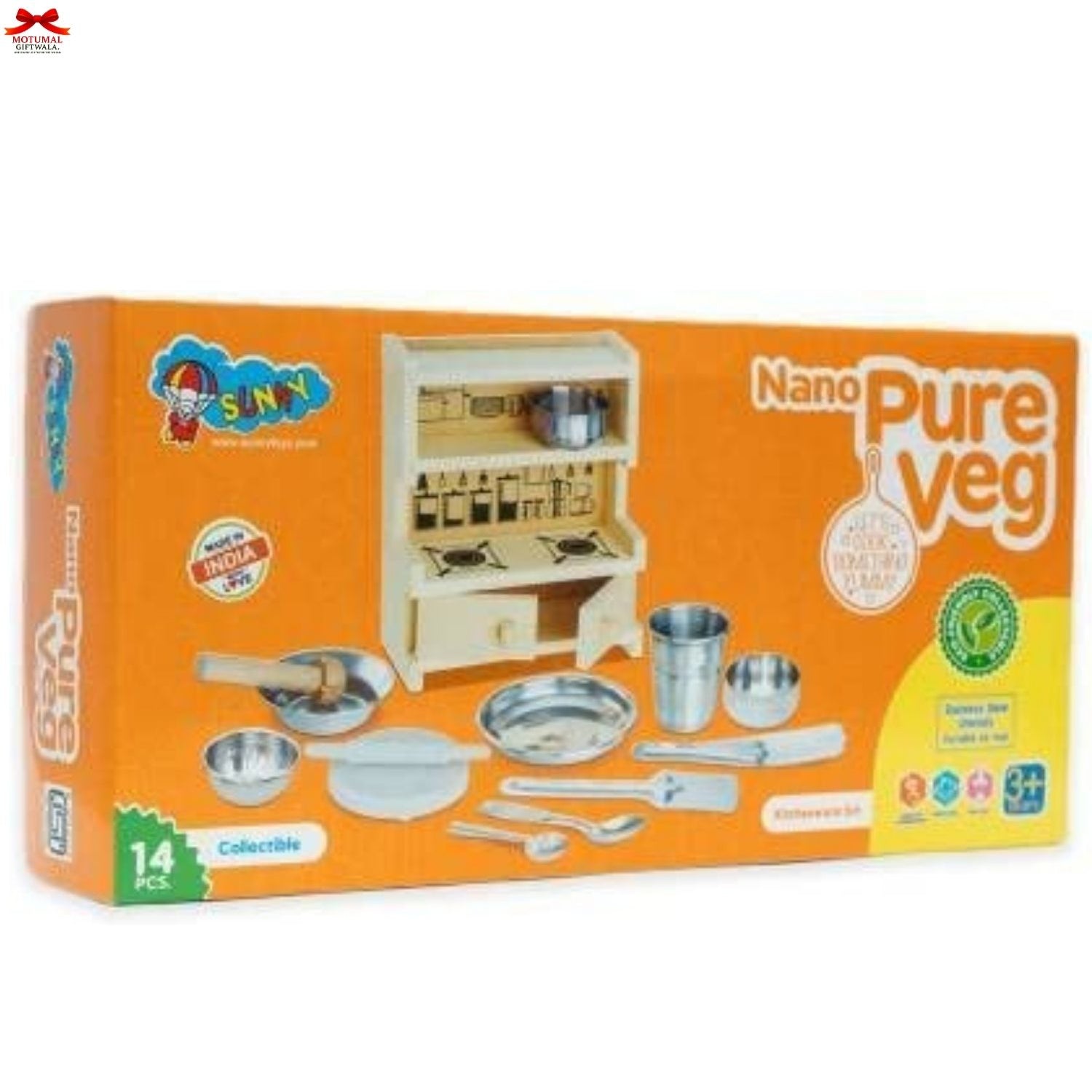 Sunny toys kitchen set packaging with 'Nano Pure Veg' branding on an orange background
