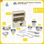 13-piece kitchen play set with toy stove, cabinets, and utensils on a white background.