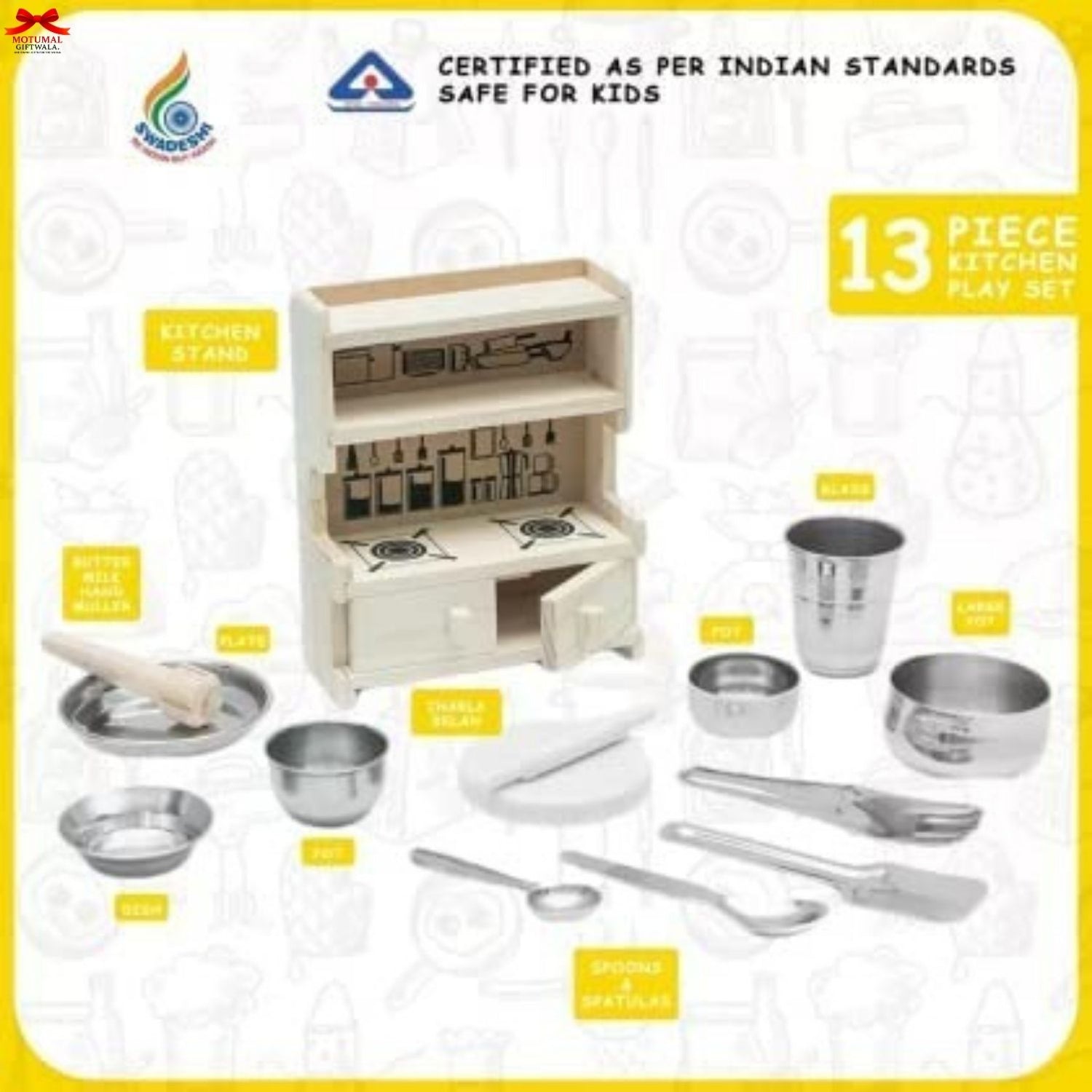 13-piece kitchen play set with toy stove, cabinets, and utensils on a white background.