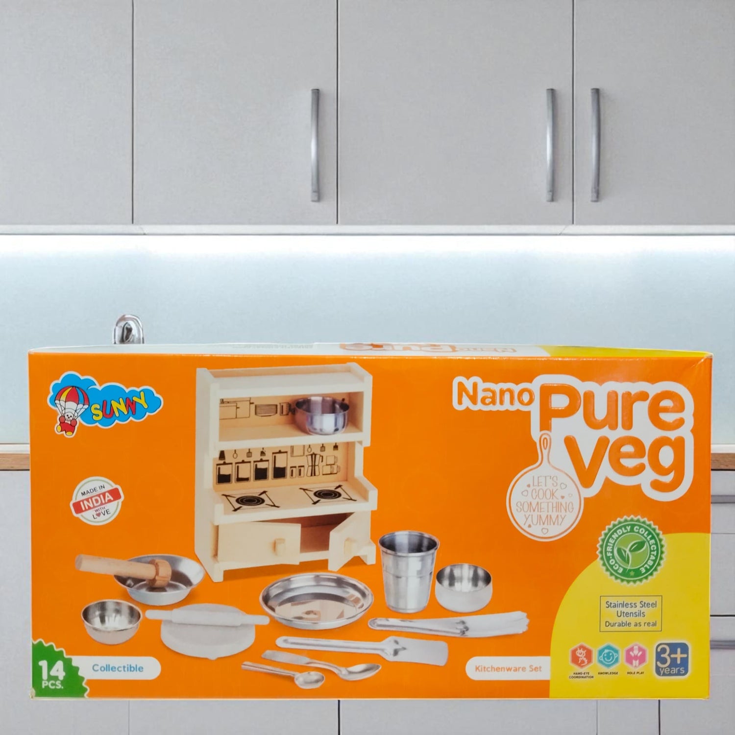 Nano Pure Veg Kitchen Set Front View with all accessories displayed on orange packaging.
