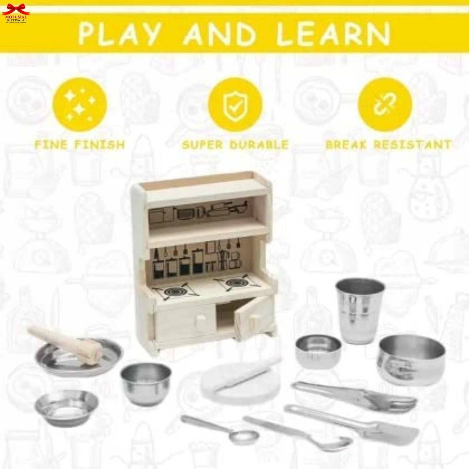 Play kitchen set with utensils and accessories on a white background, featuring 'Play and Learn' text.