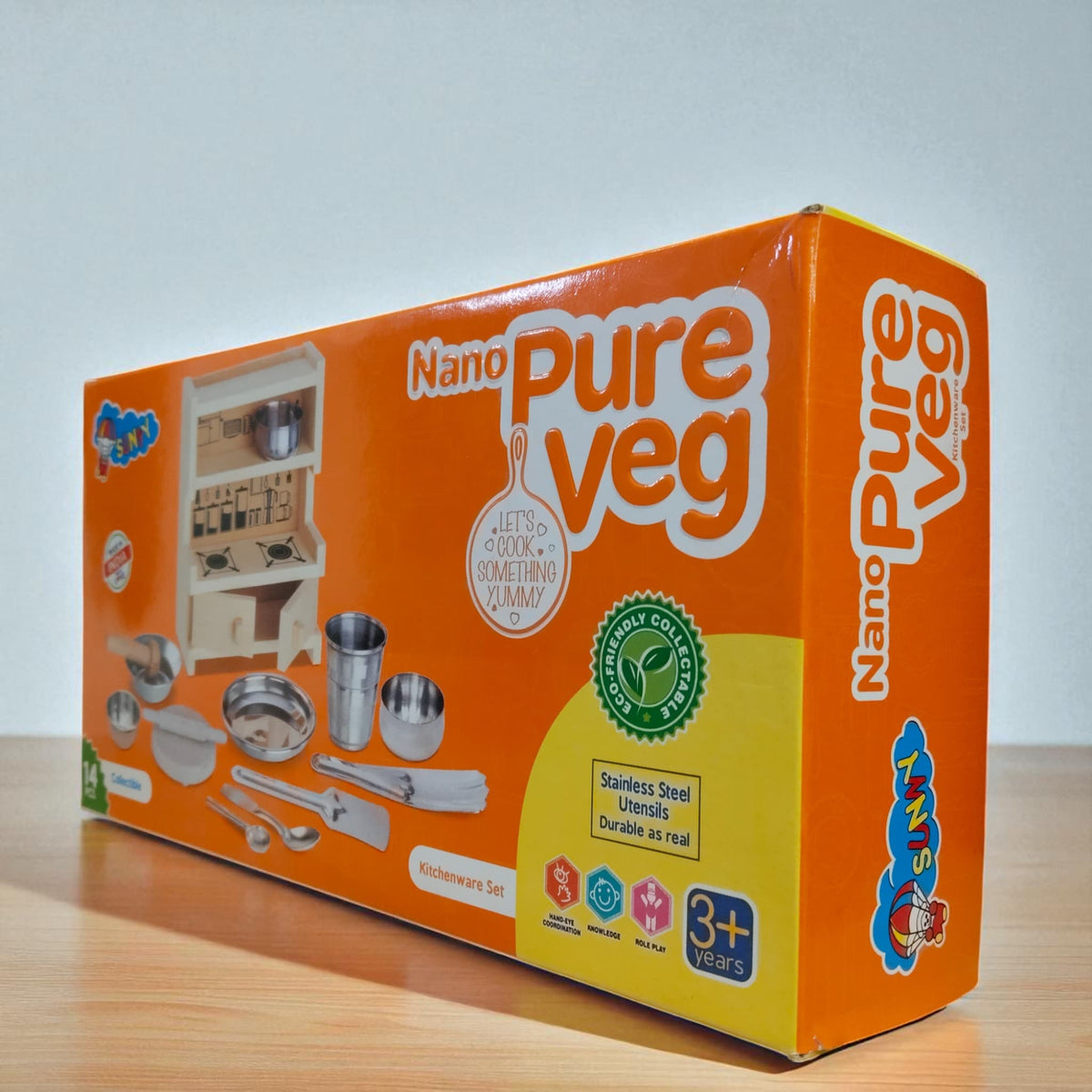 Nano Pure Veg Kitchen Set side view of the box highlighting utensils and eco-friendly label.