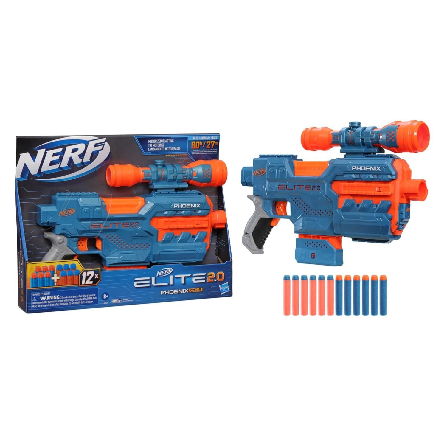 Nerf Elite 2.0 Phoenix toy blaster with packaging on a white background