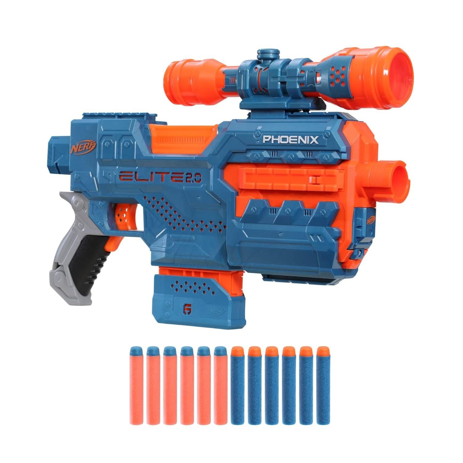 Blue and orange toy blaster with darts on a white background