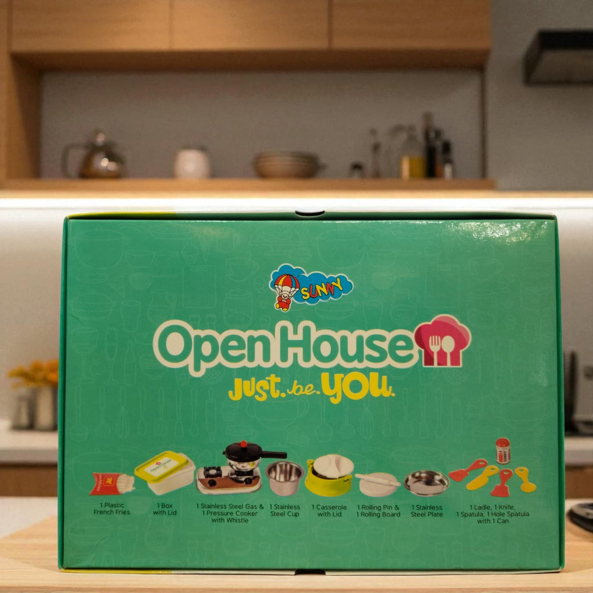  Back side of Sunny Open House Kitchen Set box with detailed list of included items.