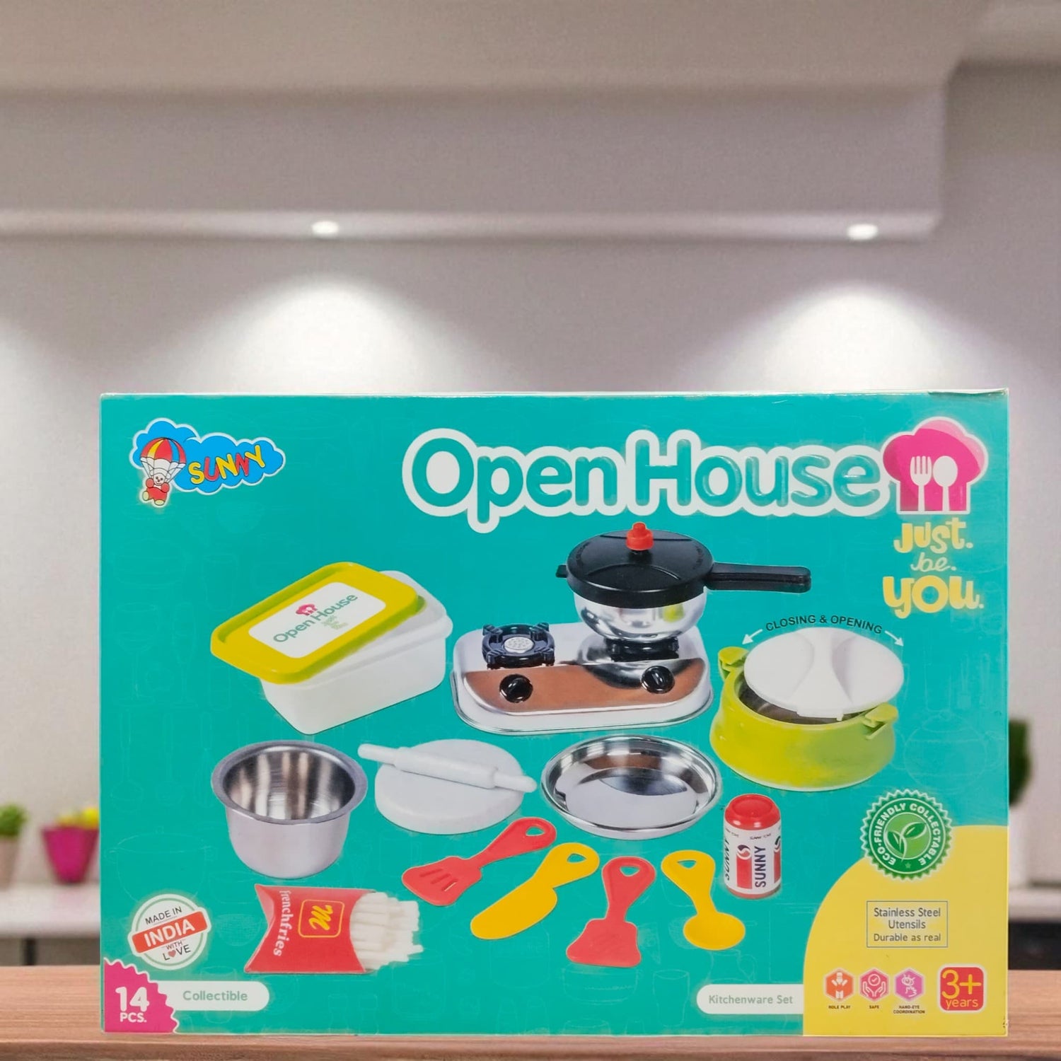 Front view of Sunny Open House Kitchen Set packaging featuring all kitchen toys clearly.