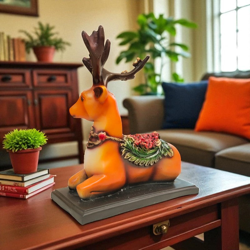 Decorative reindeer figurine on a coffee table in a living room setting