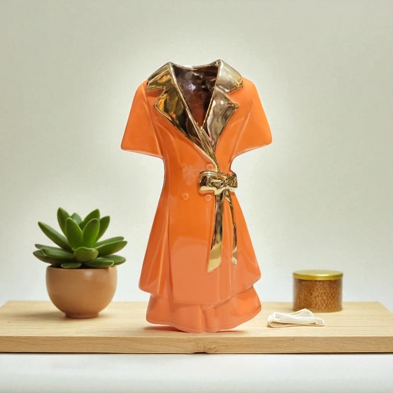 Orange and gold robe-shaped decorative item on a wooden surface with a plant and container.