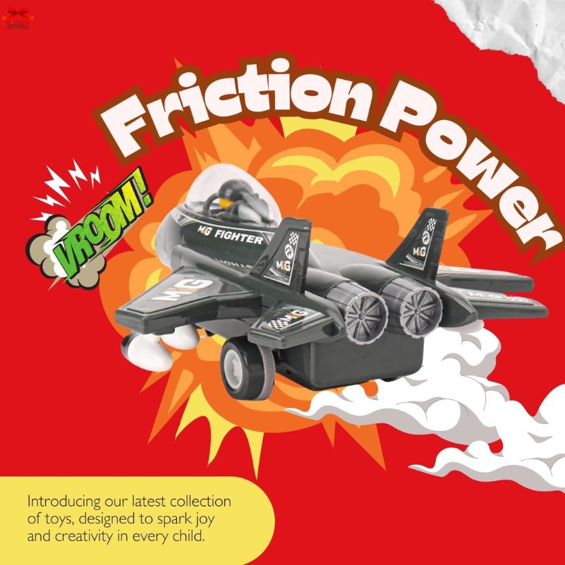 Toy airplane with 'Friction Power' text on a red background