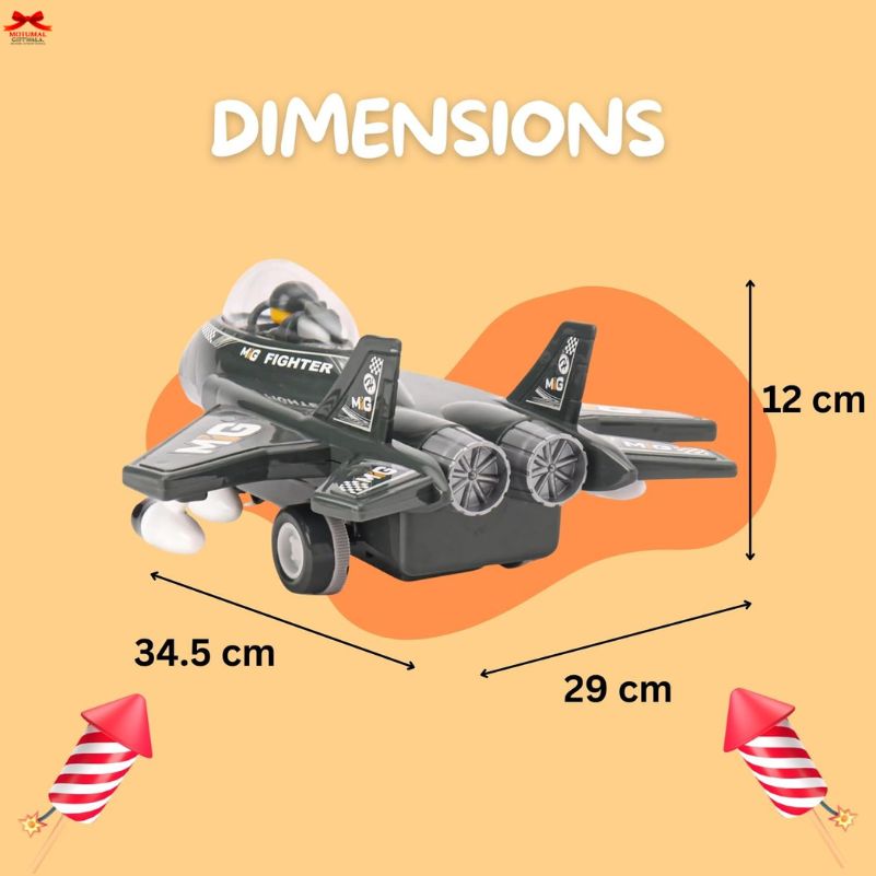 Toy airplane with dimensions labeled on a yellow background