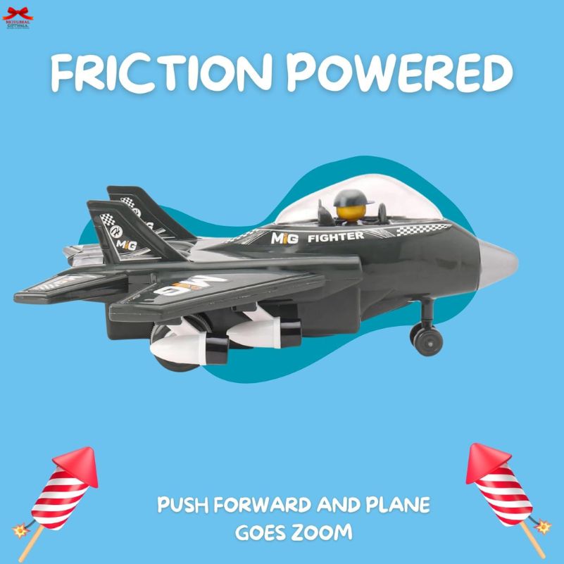 Toy fighter plane with 'Friction Powered' text on a blue background
