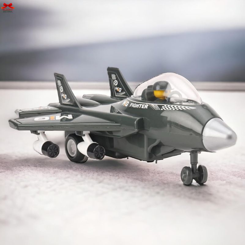 Toy fighter jet model on a reflective surface with a blurred background