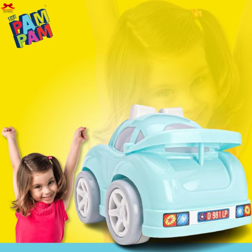 Toy car with a child on a yellow background, featuring the brand 'Pam Pam'.