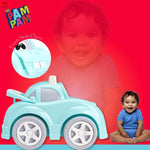 Child with a toy car and 'The Pam Pam' branding on a red background
