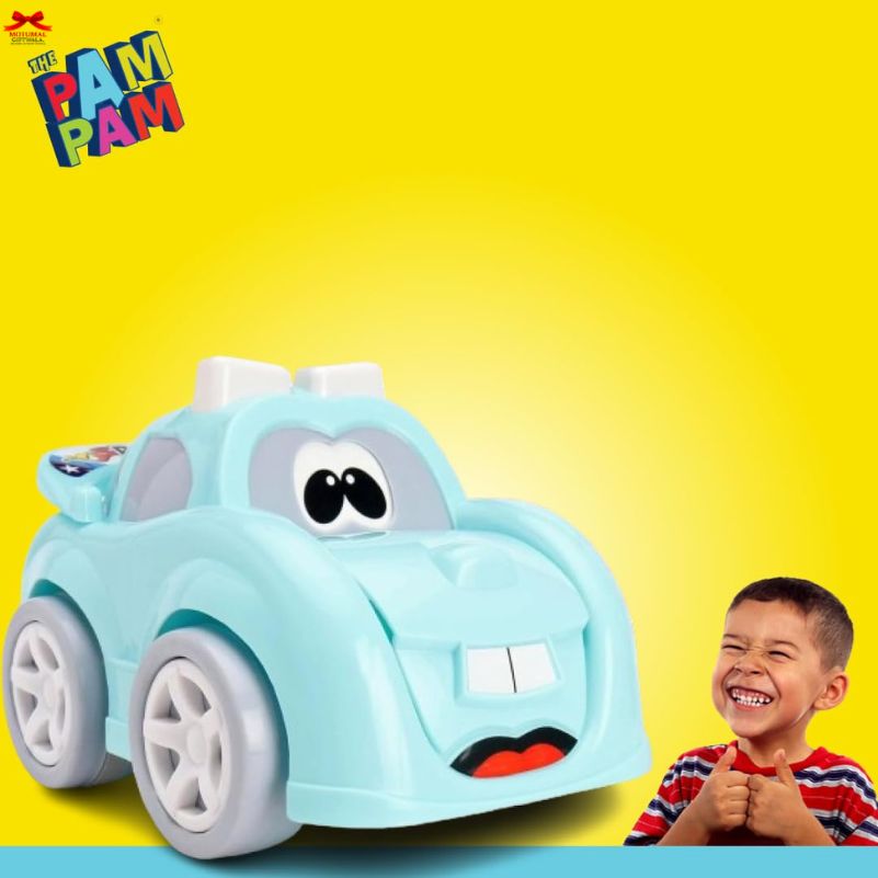 Toy car with cartoon face on a yellow background, featuring the Pam Pam brand.