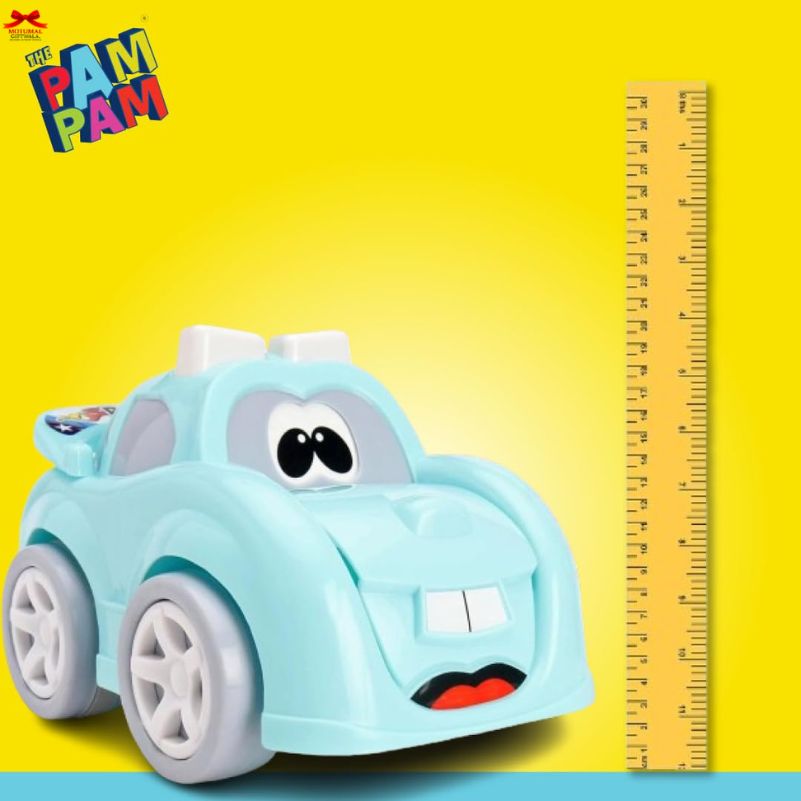 Toy car with a ruler on a yellow background, featuring the Pam Pam brand.