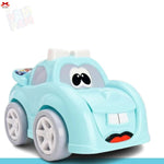 Toy car with a face on a white background
