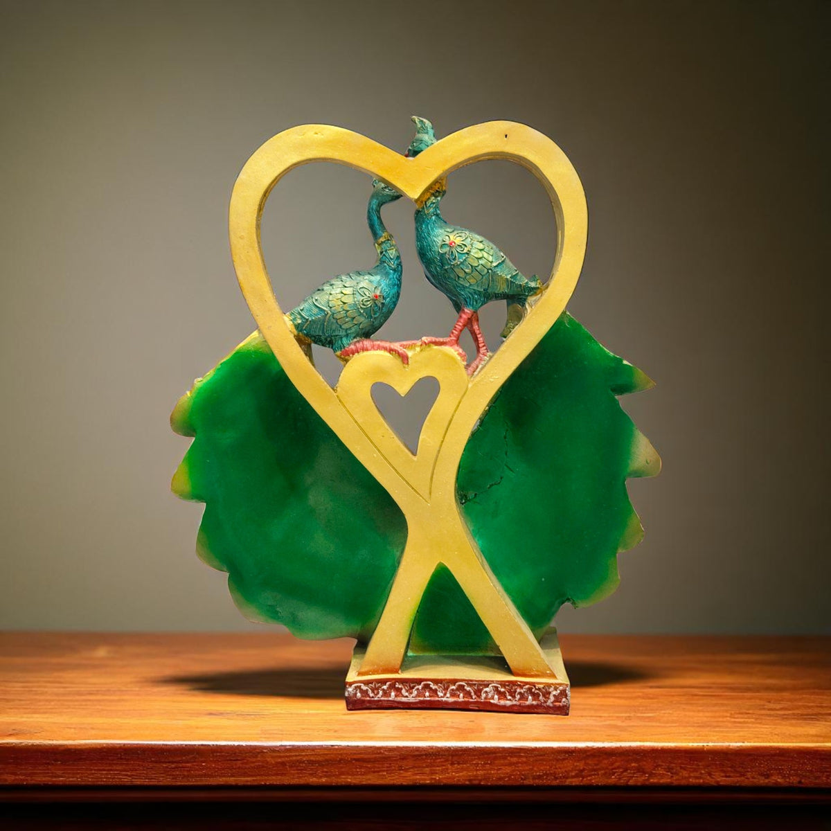 Back view of heart shaped romantic peacock showpiece"