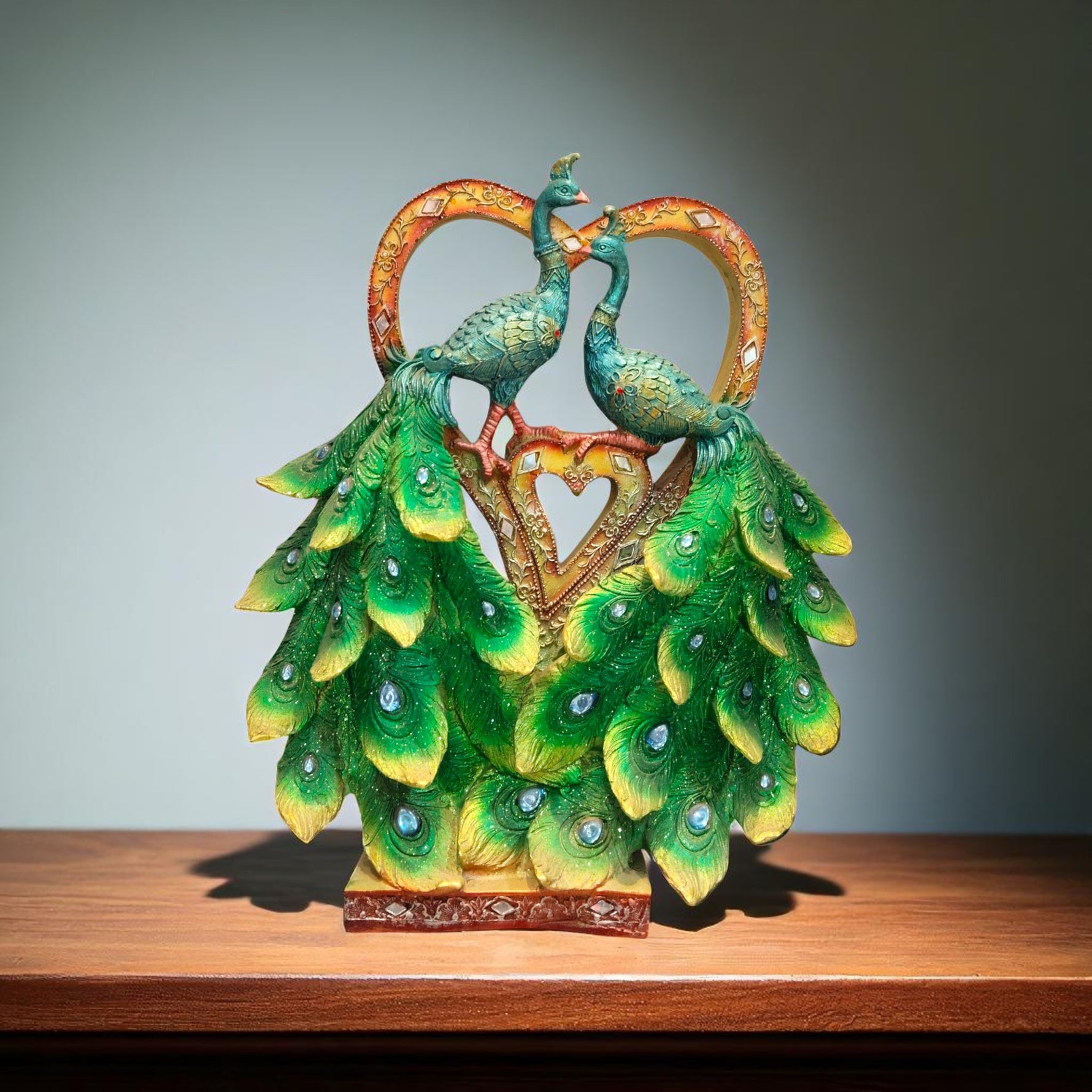 Front view of peacock couple love showpiece with heart