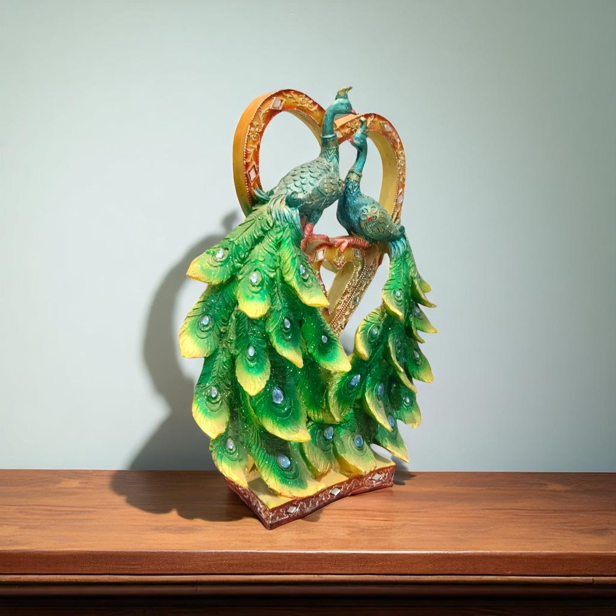 Side angle of colorful peacock couple showpiece"