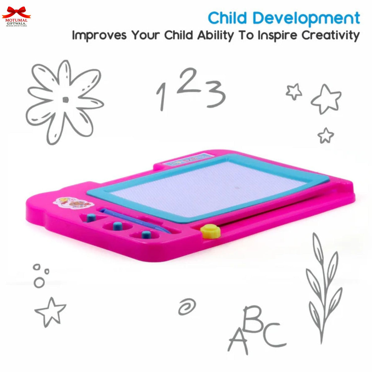 Pink children's drawing board with writing prompts on a white background