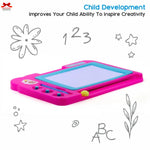 Pink children's drawing board with writing prompts on a white background